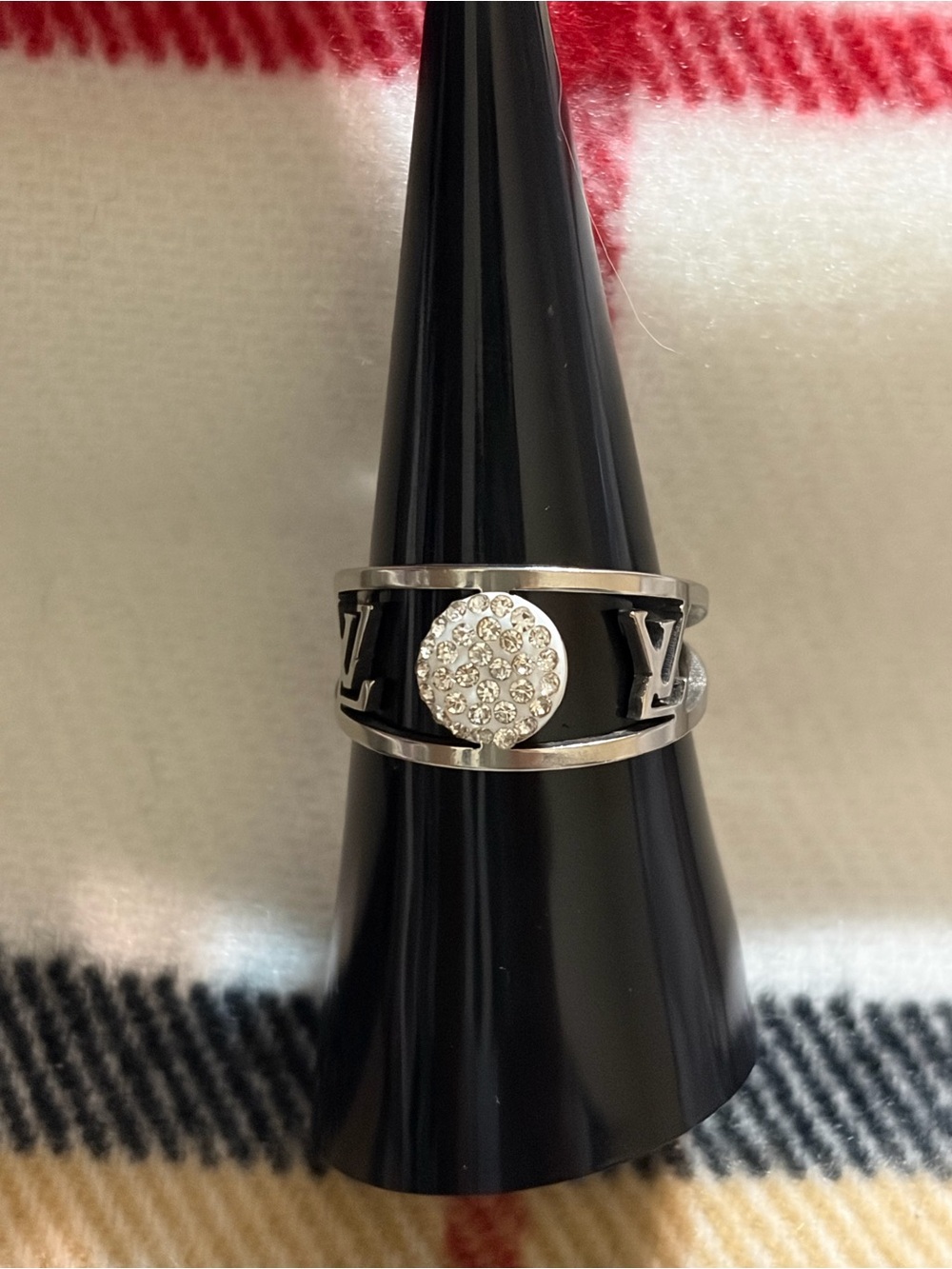 Stainless Steel Silver Crystal Pavé Round Logo Band Ring - Picture 2 of 4